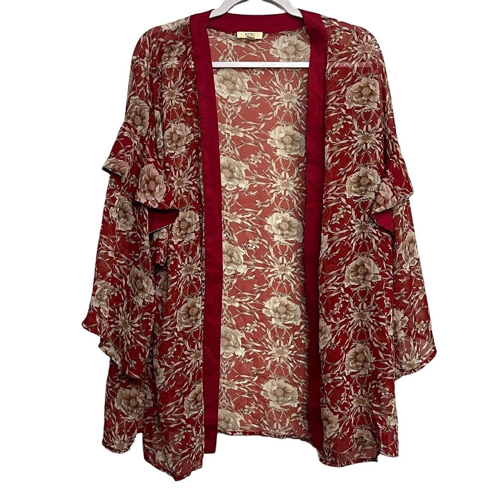 Kori America Women's‎ Red Floral Open Kimono Large Sheer Lightweight Bobo